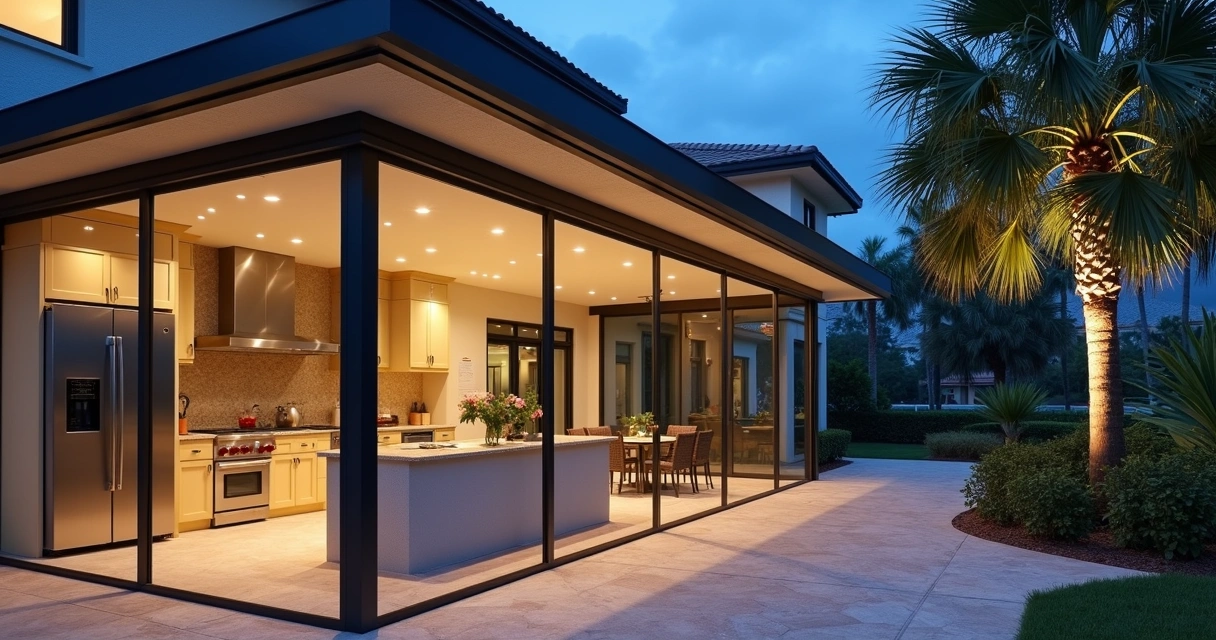 Summer kitchen in Florida illuminated at night with LED lights