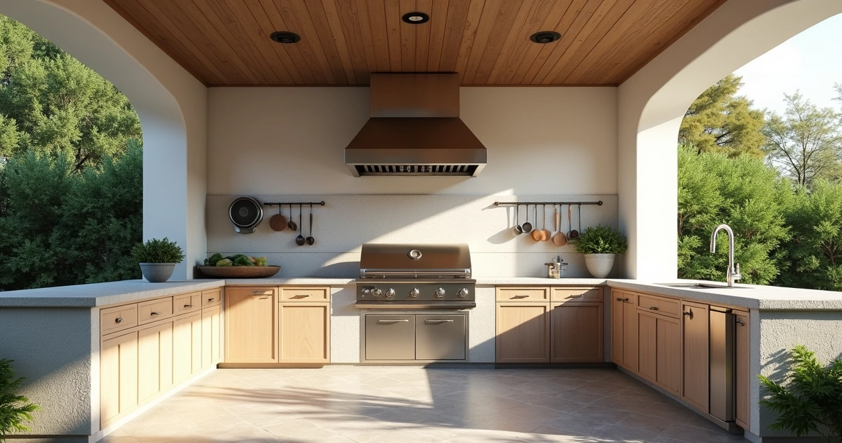 Outdoor kitchen with stainless roof vent under covered patio. 