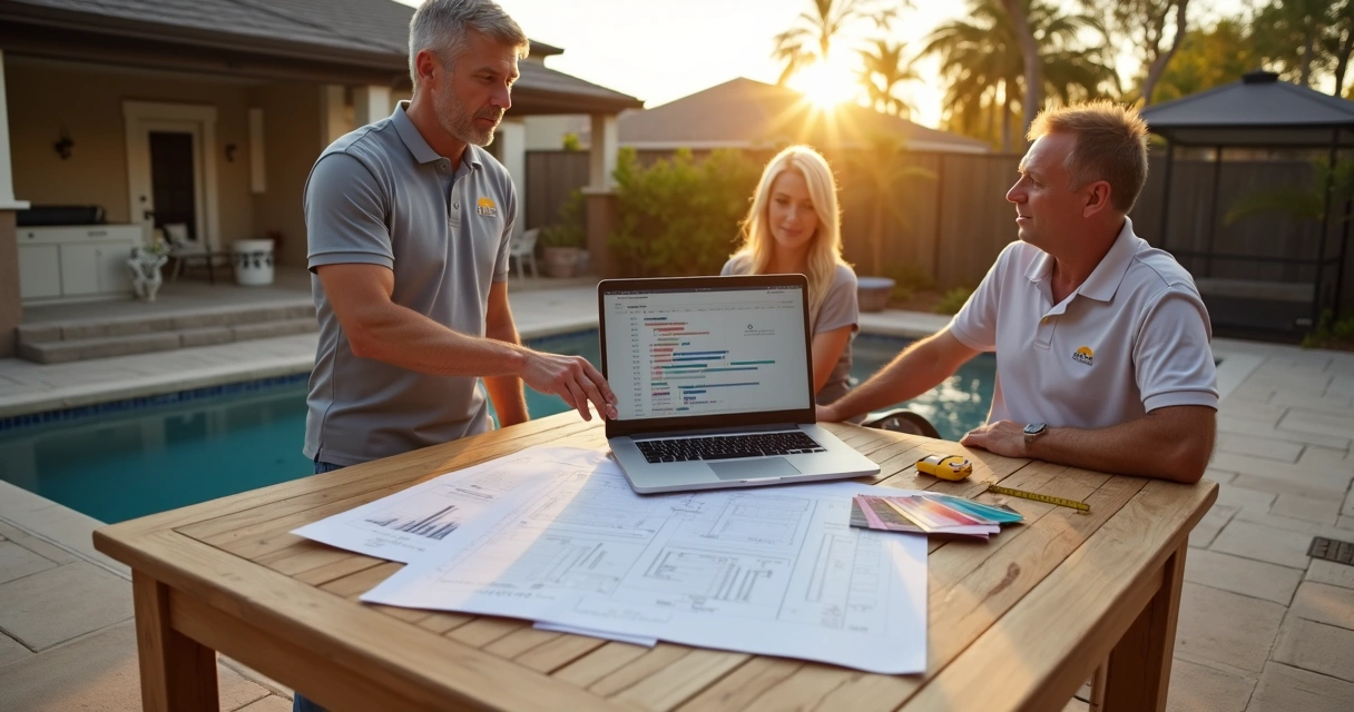Contractor reviewing summer kitchen plans on outdoor patio table 