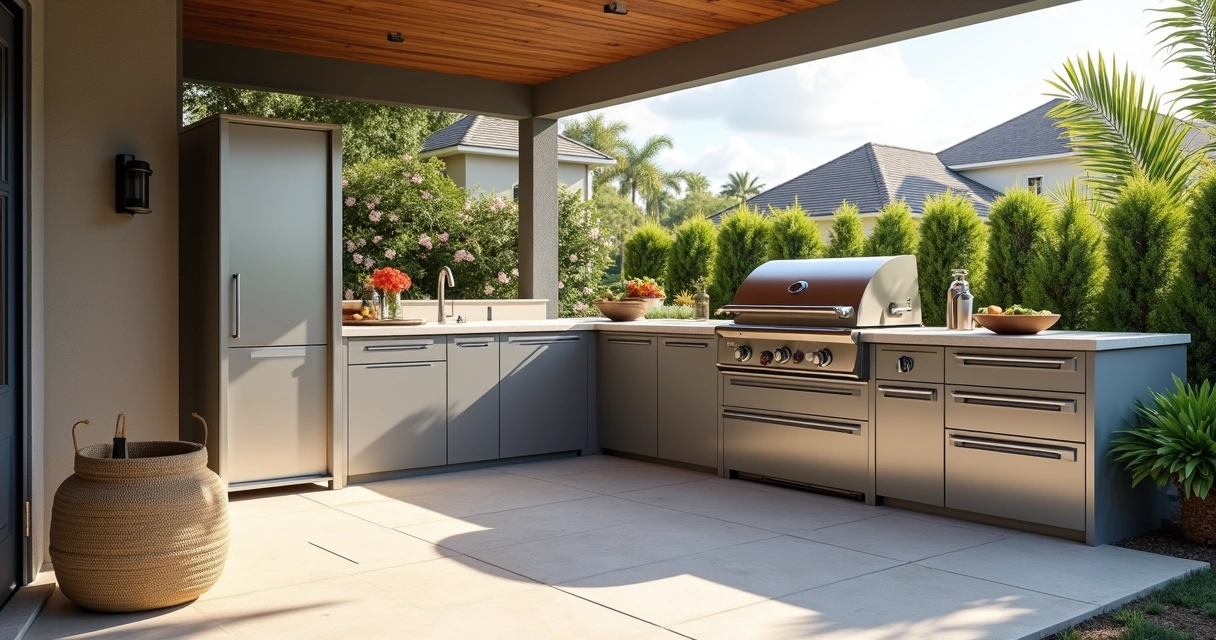 Covered summer kitchen with organized weatherproof storage cabinets 
