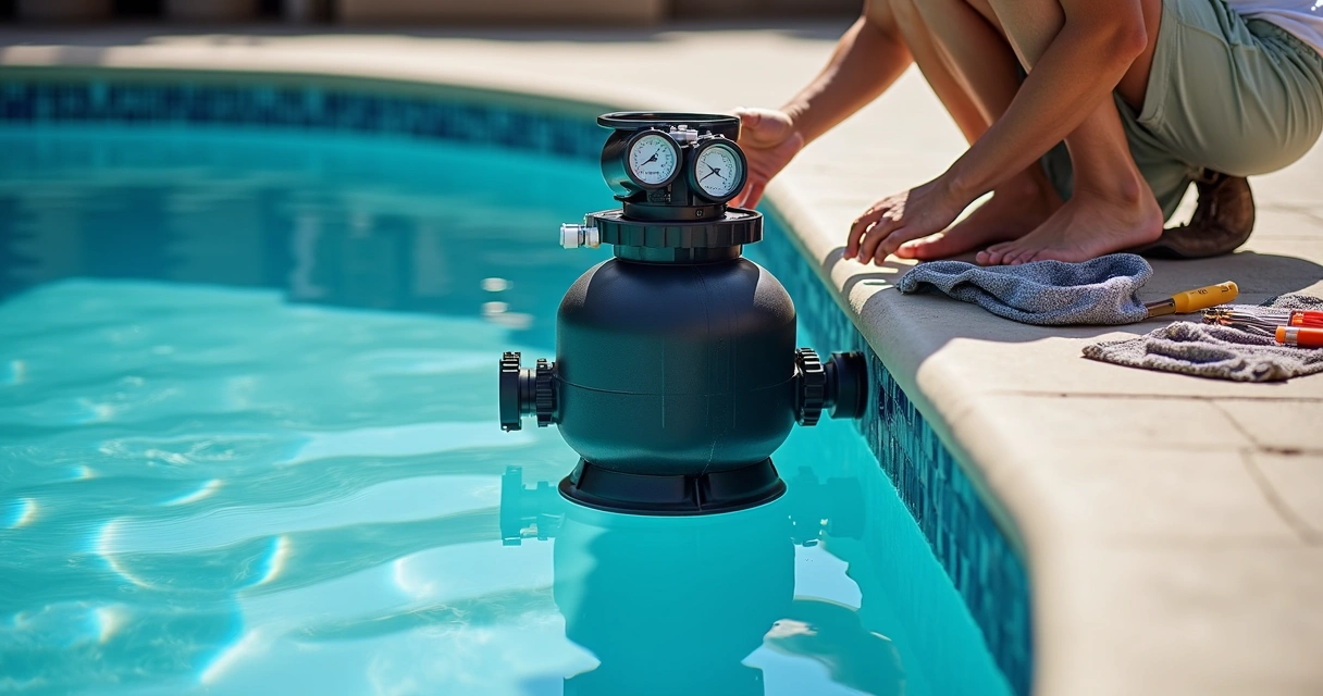 Person checking pool pump and filter by maintained pool edge, sunny weather, equipment visible 