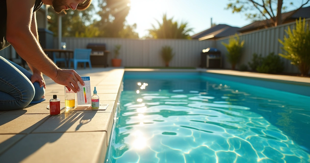 Person testing water beside suburban Australian pool on bright summer day 
