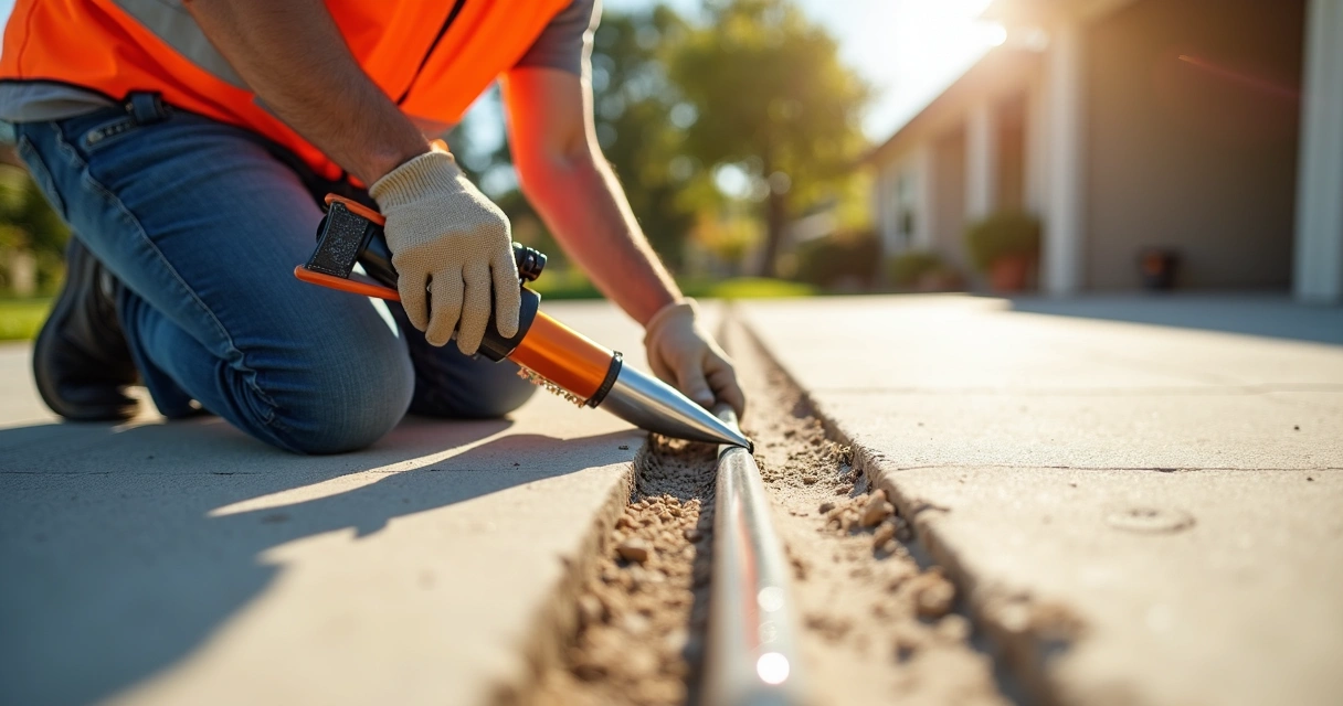 Worker applying flexible sealant to expanded driveway joint 