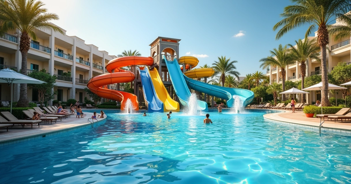 Piscinas com parque aquático e tobogãs de resort 