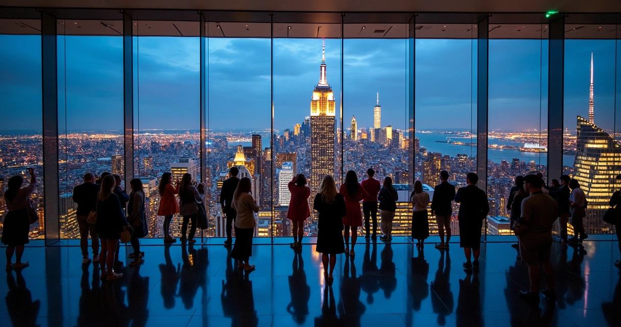 Vista noturna do Summit One Vanderbilt com reflexos espelhados 