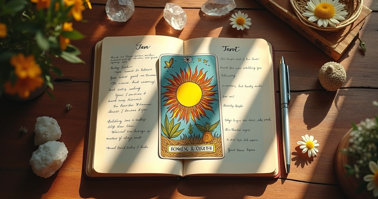 Sun card surrounded by journal and crystals 