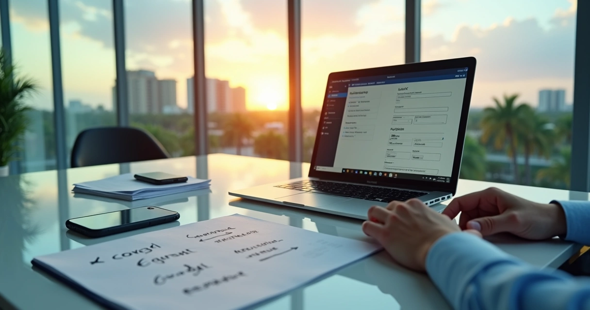 Person registering a Florida LLC on the Sunbiz website with Miami skyline in background