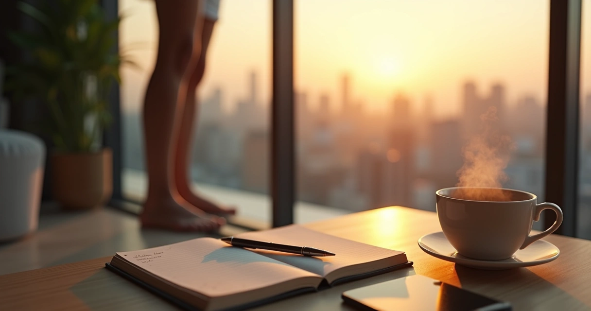 Person watching sunrise through window with journal and tea on table 