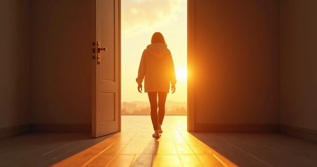 Person stepping through a doorway at sunrise