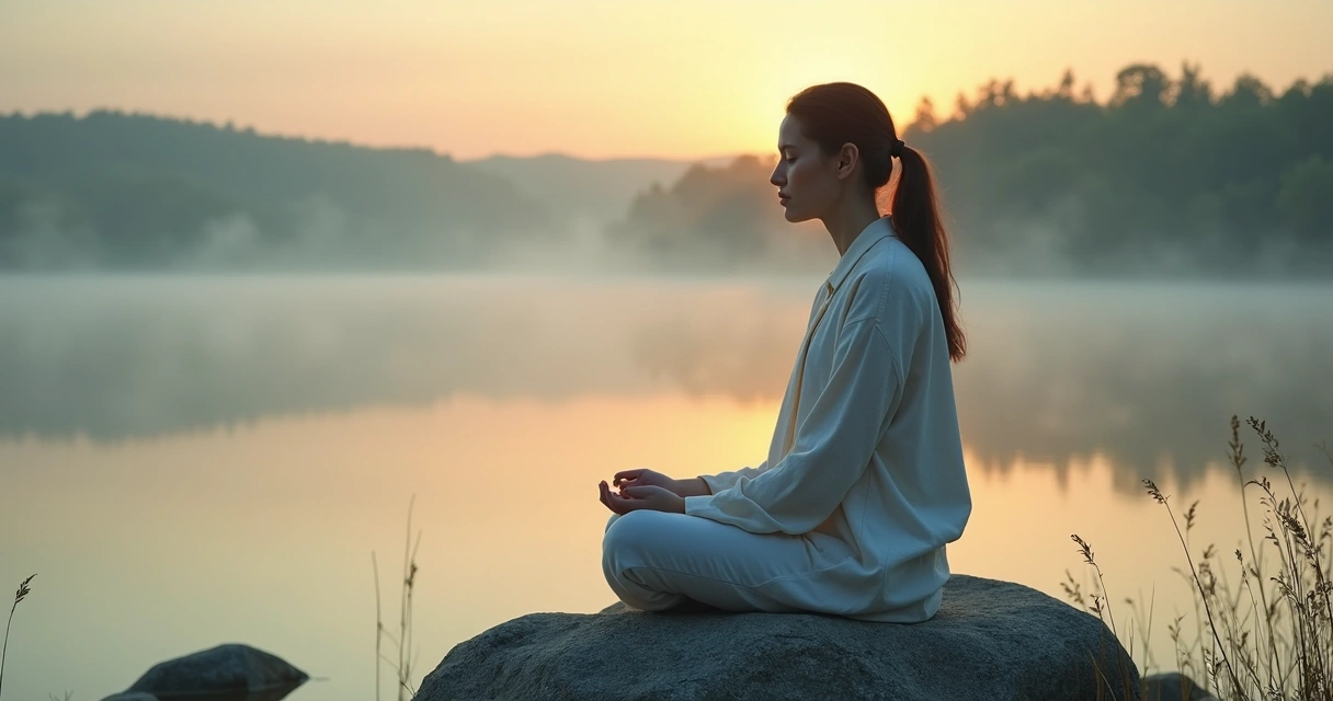 Person practicing breathing at sunrise in a quiet natural setting. 