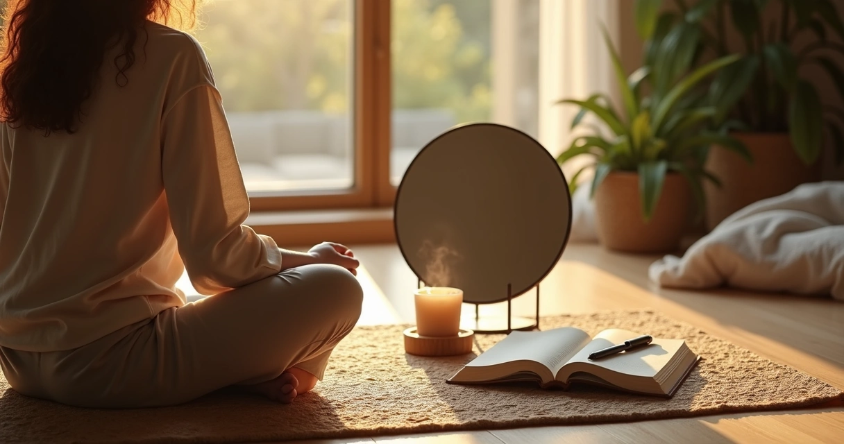 Person at sunrise facing a mirror and candle in a calm ritual space 