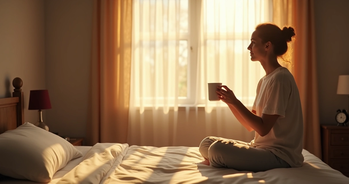 Morning light through window with person holding a mug