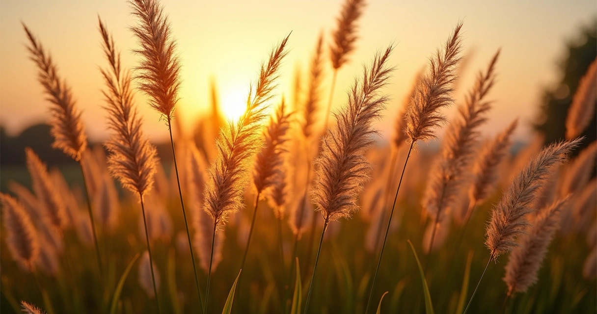 Feathery grass plumes waving at sunset with orange sky 