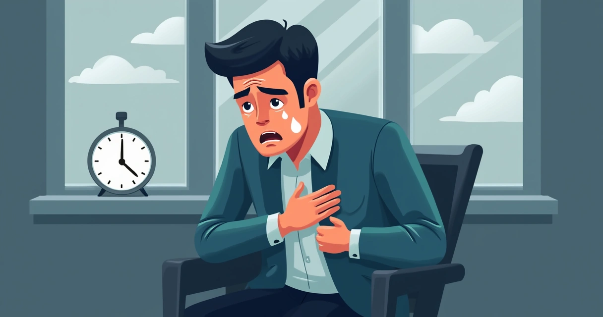 Homem sentado segurando o peito com suor frio visível no rosto