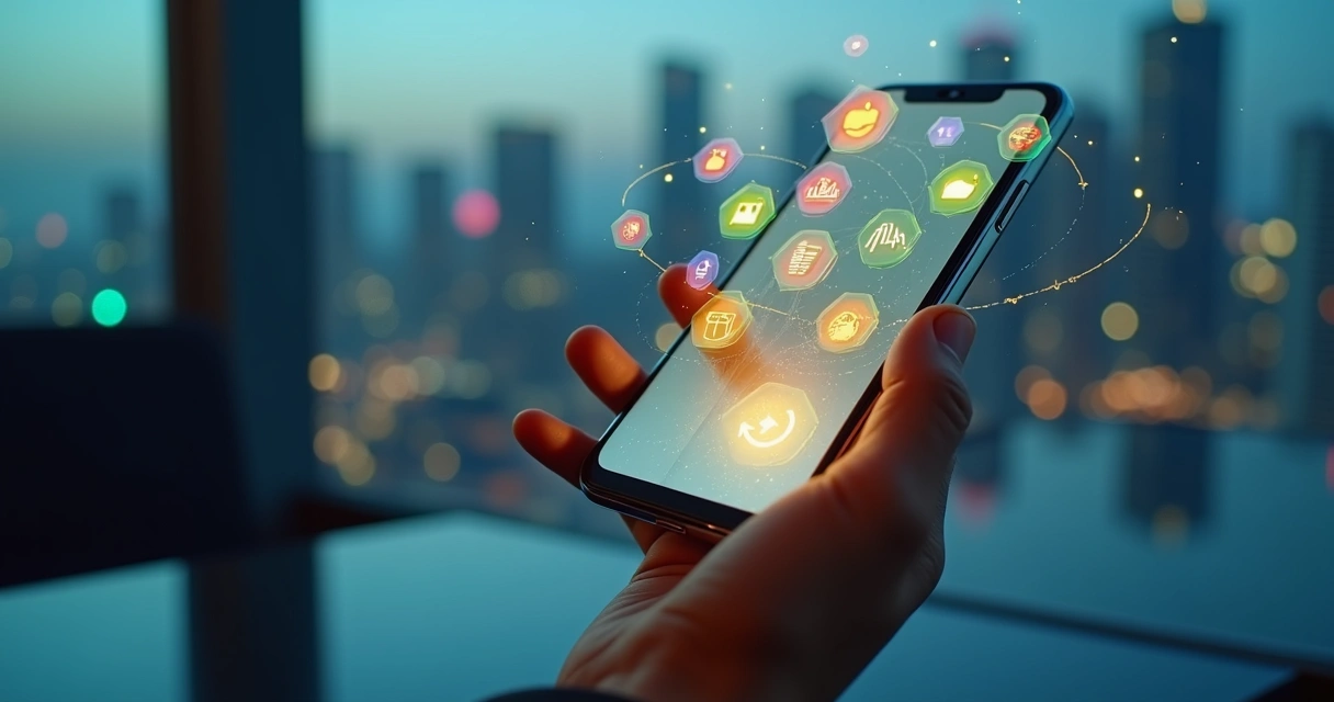 Mão segurando smartphone com super app de finanças projetando ícones digitais coloridos 