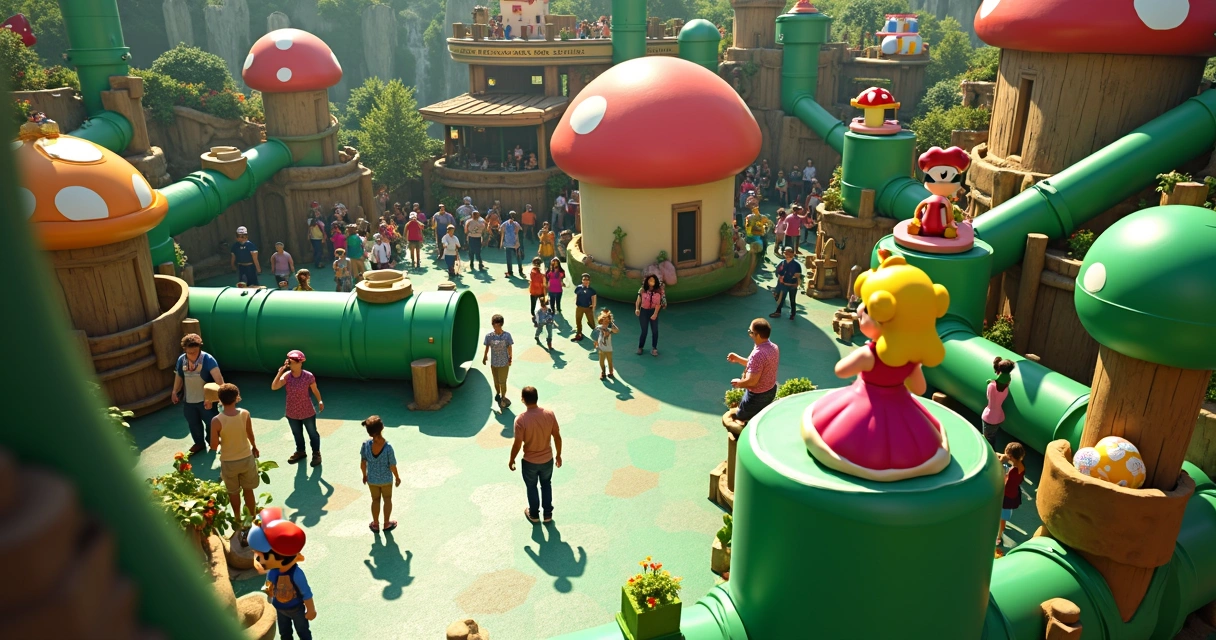 Área temática Super Nintendo World no Epic Universe, com cenários coloridos, personagens e atrações interativas