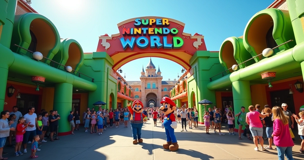 Entrada colorida do Super Nintendo World com visitantes animados 