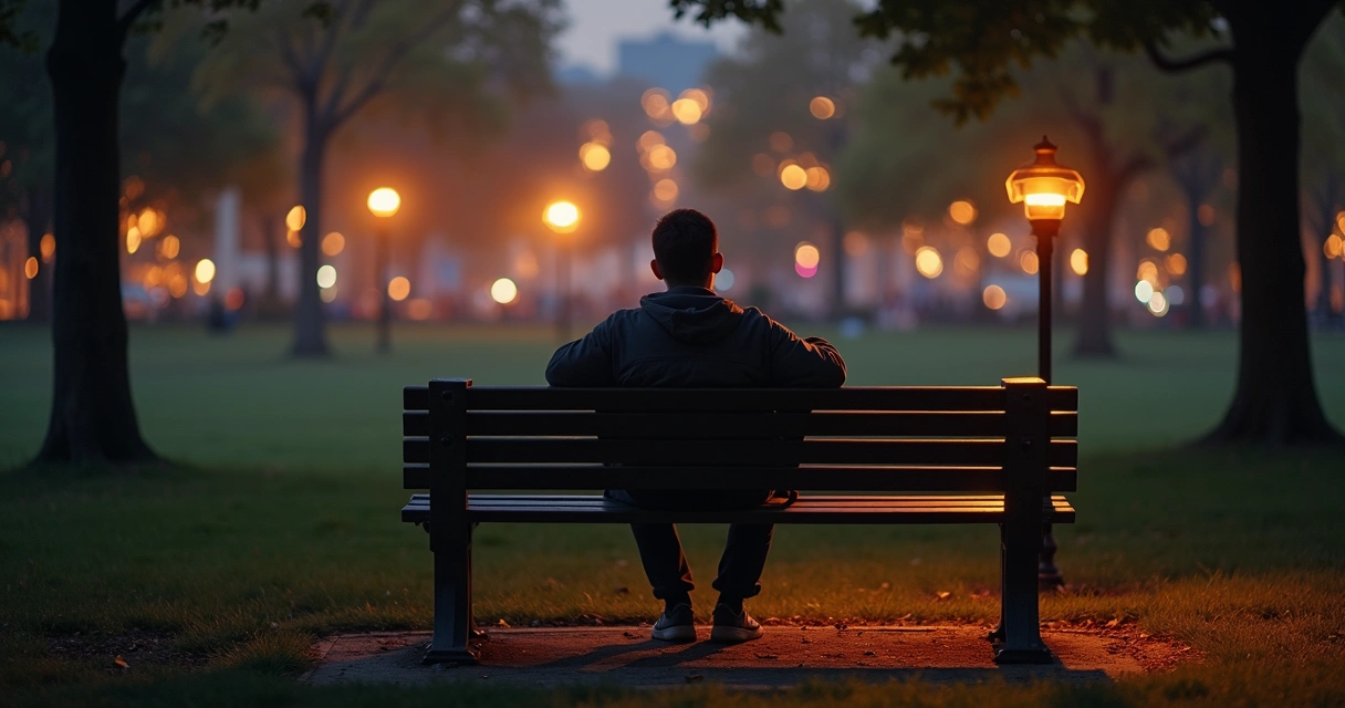 Pessoa sentada sozinha em um banco de praça ao entardecer
