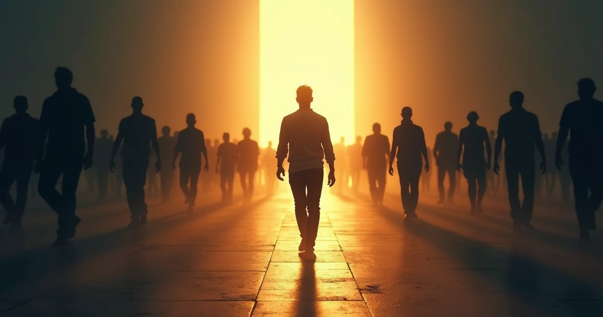 Pessoa caminhando em direção à luz em meio a figuras sombrias atrás 