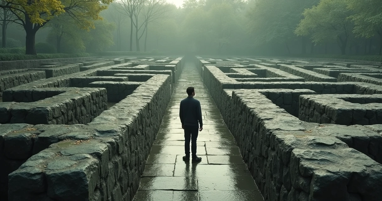 Pessoa parada diante de vários caminhos em um labirinto de paredes baixas 