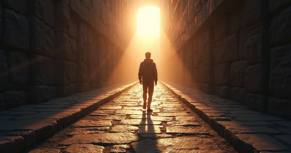 Representação de pessoa caminhando em direção à luz 