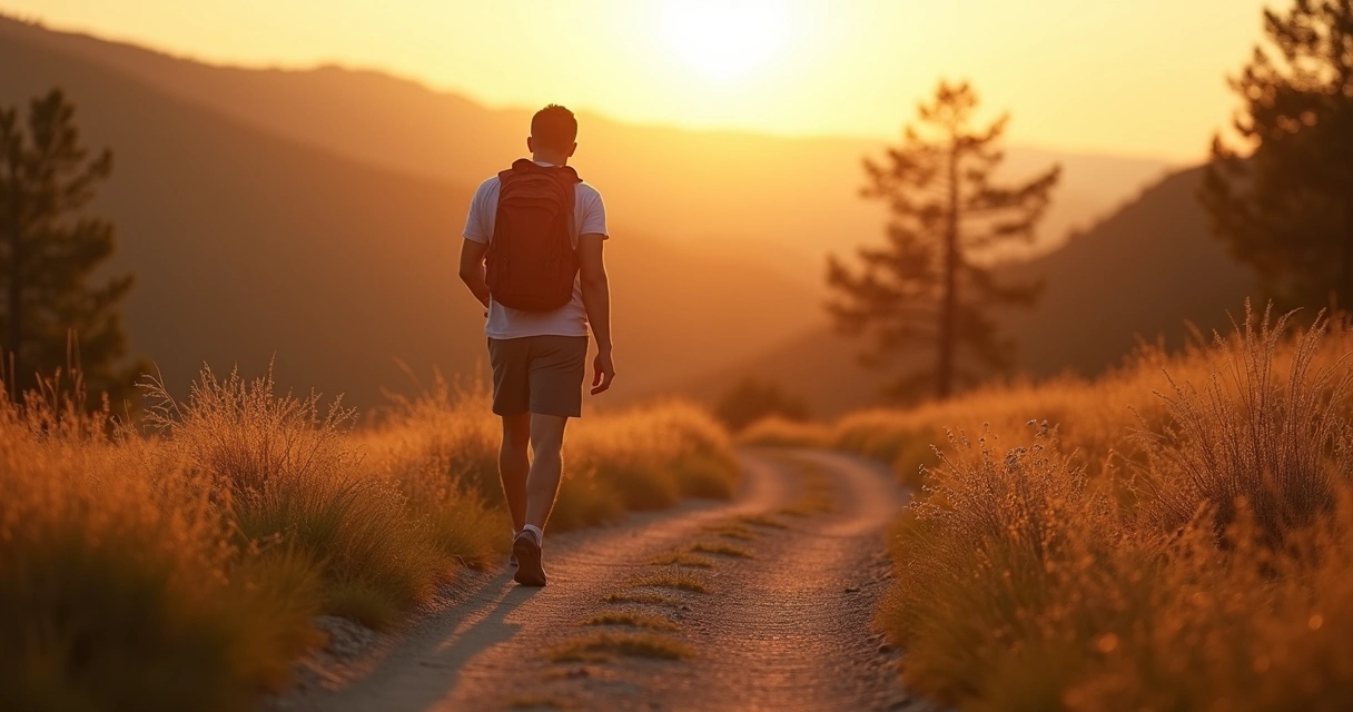 Pessoa caminhando em trilha ao amanhecer, luz suave, expressão determinada 