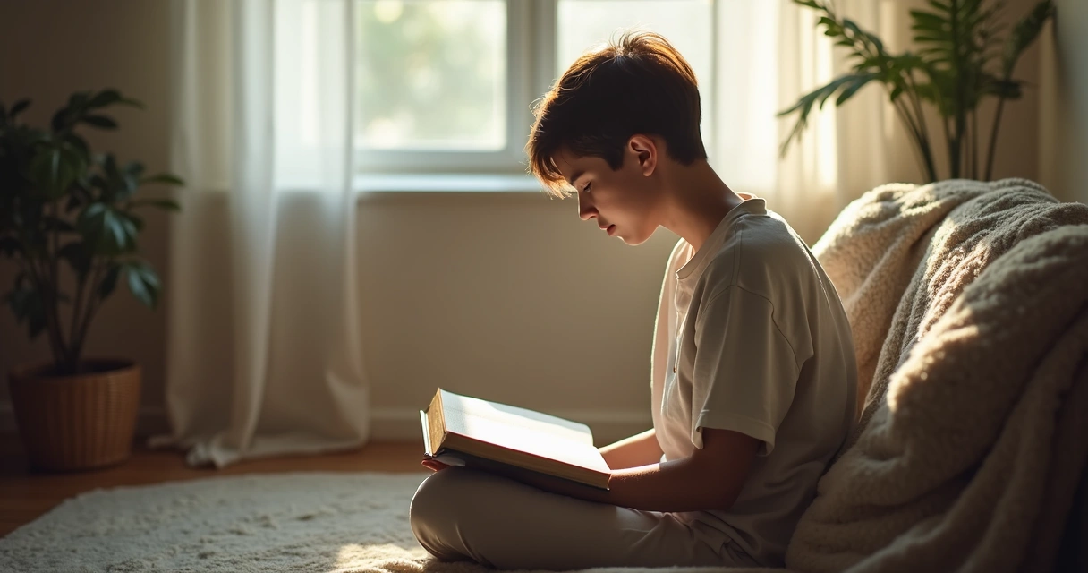Pessoa em um ambiente calmo, com expressão refletiva, sentada em uma cadeira, lendo um caderno aberto sobre as emoções 