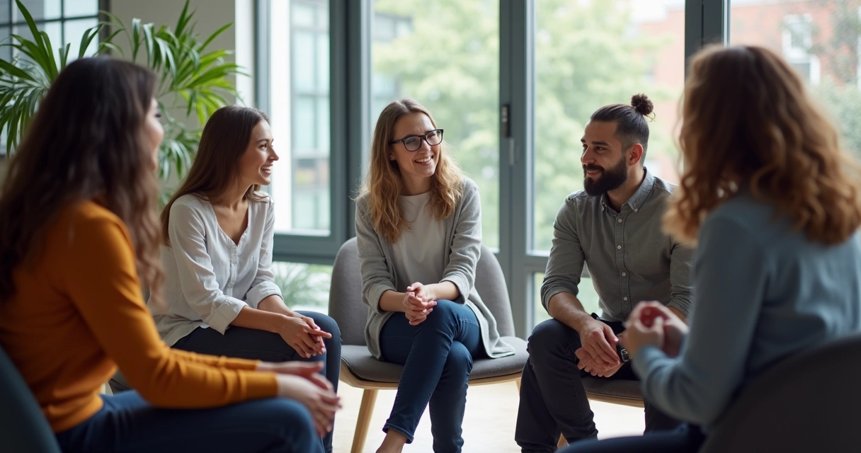 Equipe reunida em círculo conversando, com expressão de escuta e colaboração. 
