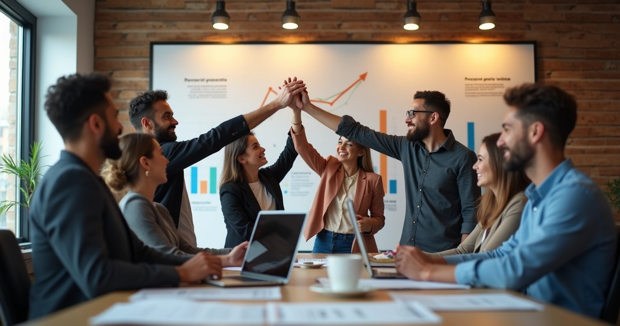 Equipe empresarial reunida comemorando superação da crise