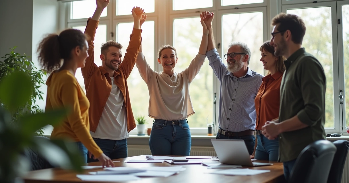 Equipe unida em círculo, sorrindo e comemorando sucesso 