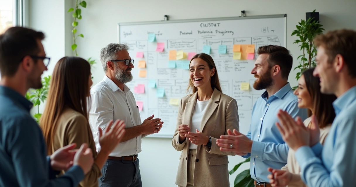 Profissionais sorrindo em frente a um quadro branco após revisarem processos e encontrarem soluções 