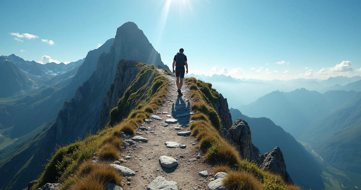 Pessoa subindo uma trilha em montanha sob céu limpo 