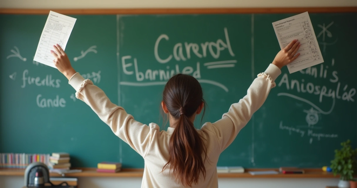 Estudante sorridente levantando os braços em conquista 