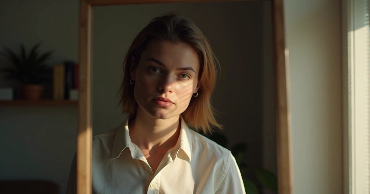 Pessoa refletindo em frente ao espelho, metade do rosto em sombra