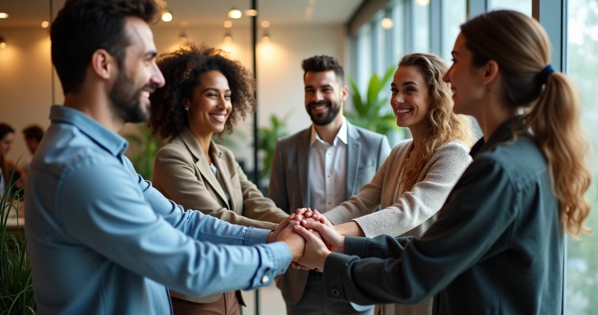 Equipe de pessoas de mãos dadas mostrando união em ambiente de trabalho 