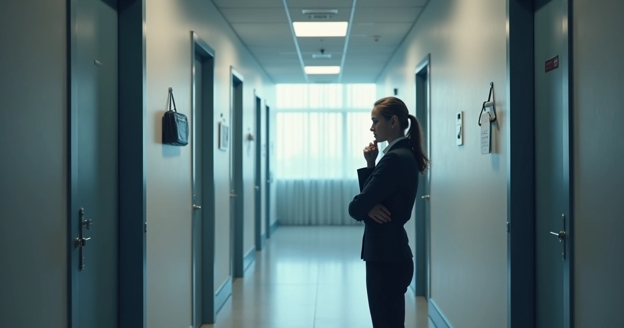 Pessoa refletindo sobre caminhos profissionais diante de várias portas 