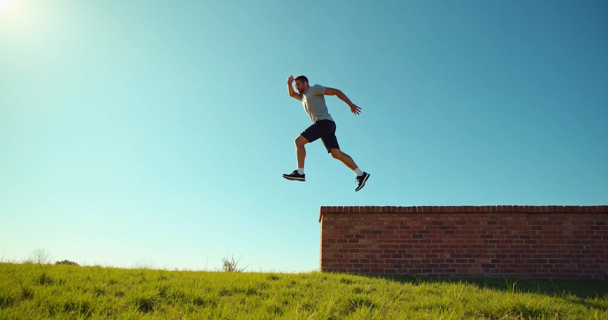 Homem superando barreira representada por muro baixo