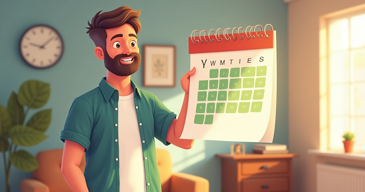 Homem sorrindo segurando um calendário com a semana marcada
