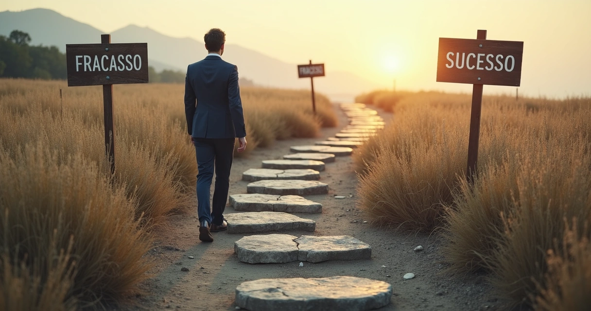 Pessoa andando em um caminho empresarial com placas de fracasso e sucesso 