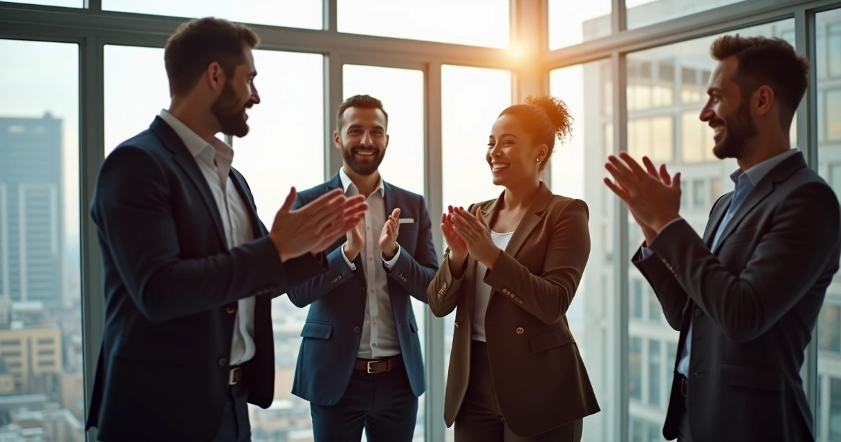 Equipe de trabalho reunida em escritório moderno celebrando uma conquista 