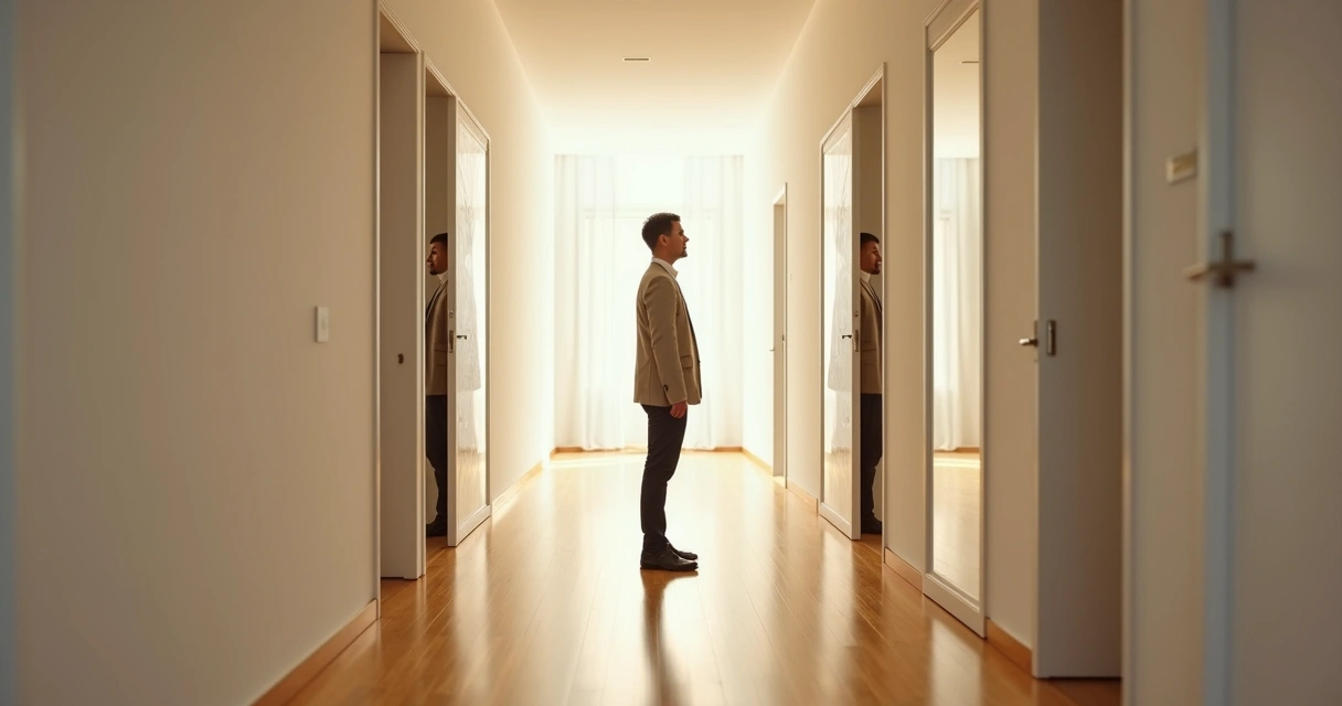 Pessoa observando várias versões de si refletidas em portas espelhadas abertas 