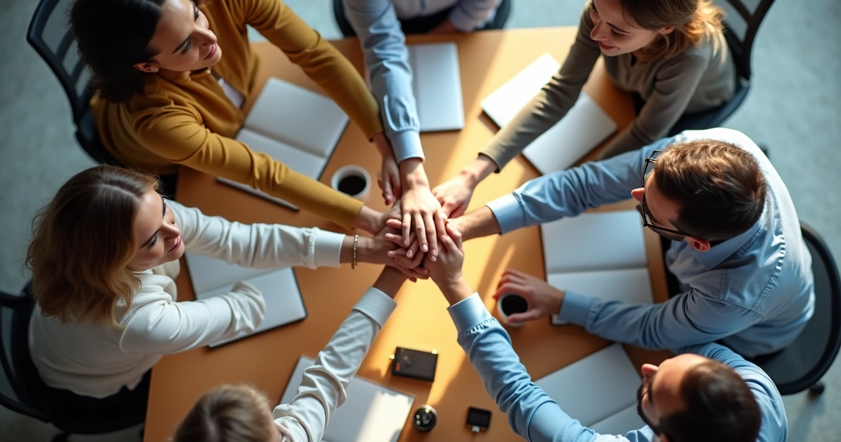 Colegas de equipe com as mãos unidas no centro de uma mesa de escritório, transmitindo união 