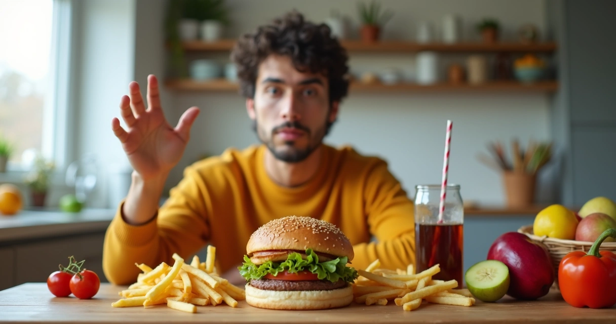 Persona eligiendo entre fast food mientras se siente ansiosa