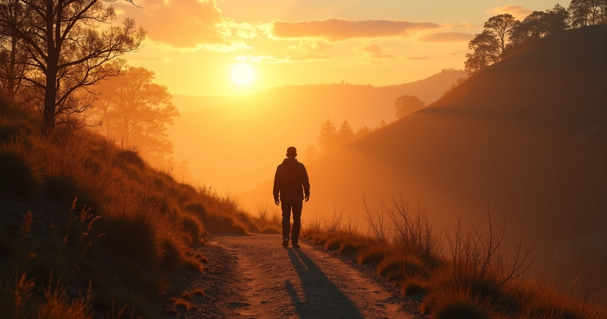 Pessoa caminhando em trilha iluminada, paisagem de superação 