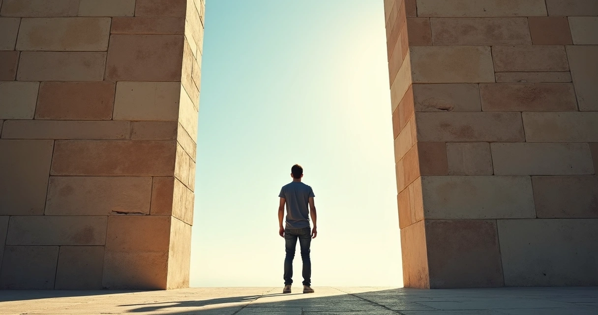 Pessoa de pé diante de um muro olhando para cima com expressão de determinação. 