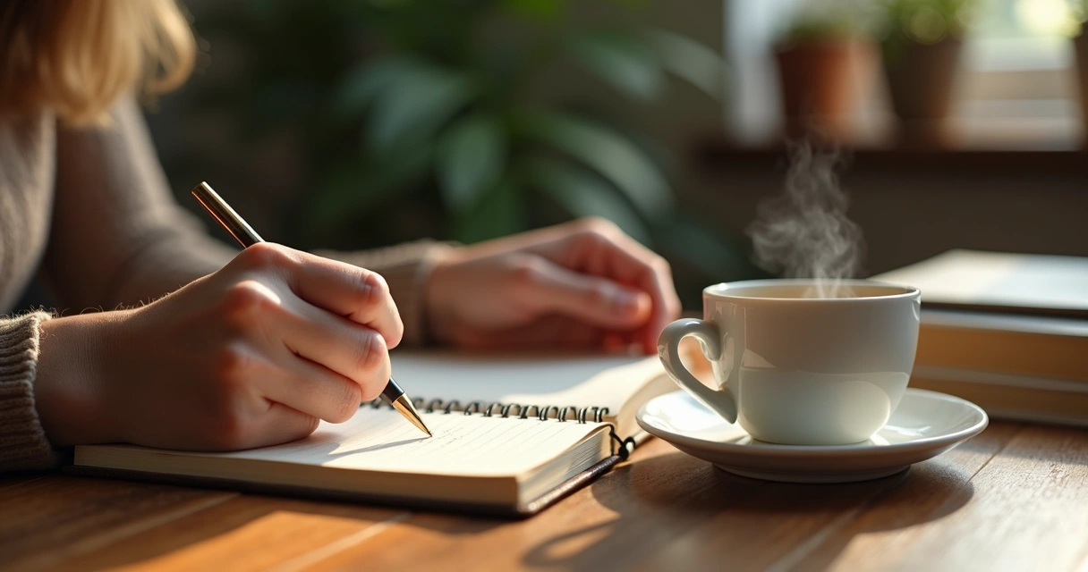 Pessoa escrevendo em diário perto de xícara de chá, ambiente acolhedor com caderno e caneta 