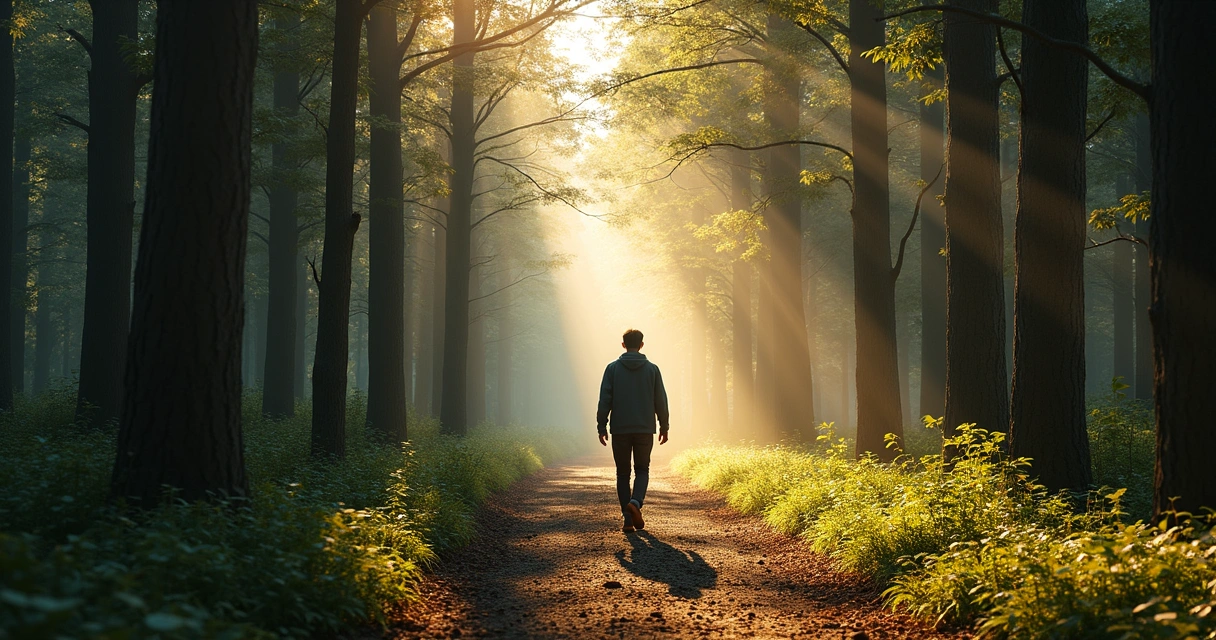 Pessoa caminhando sozinha em uma trilha entre árvores 