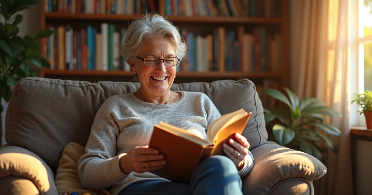 Pessoa adulta sorrindo, lendo um livro em casa ao lado de um caderno 