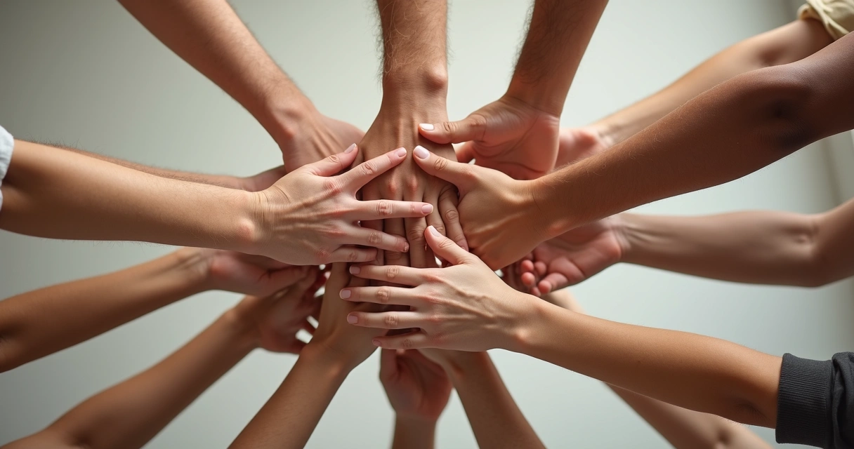 Mãos diferentes conectadas simbolizando suporte e união na jornada