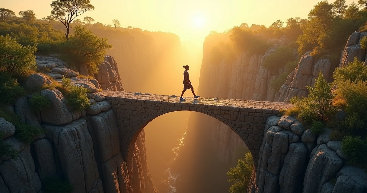 Pessoa atravessando uma ponte de pedras sobre um abismo, com luz ao fundo indicando caminho. 